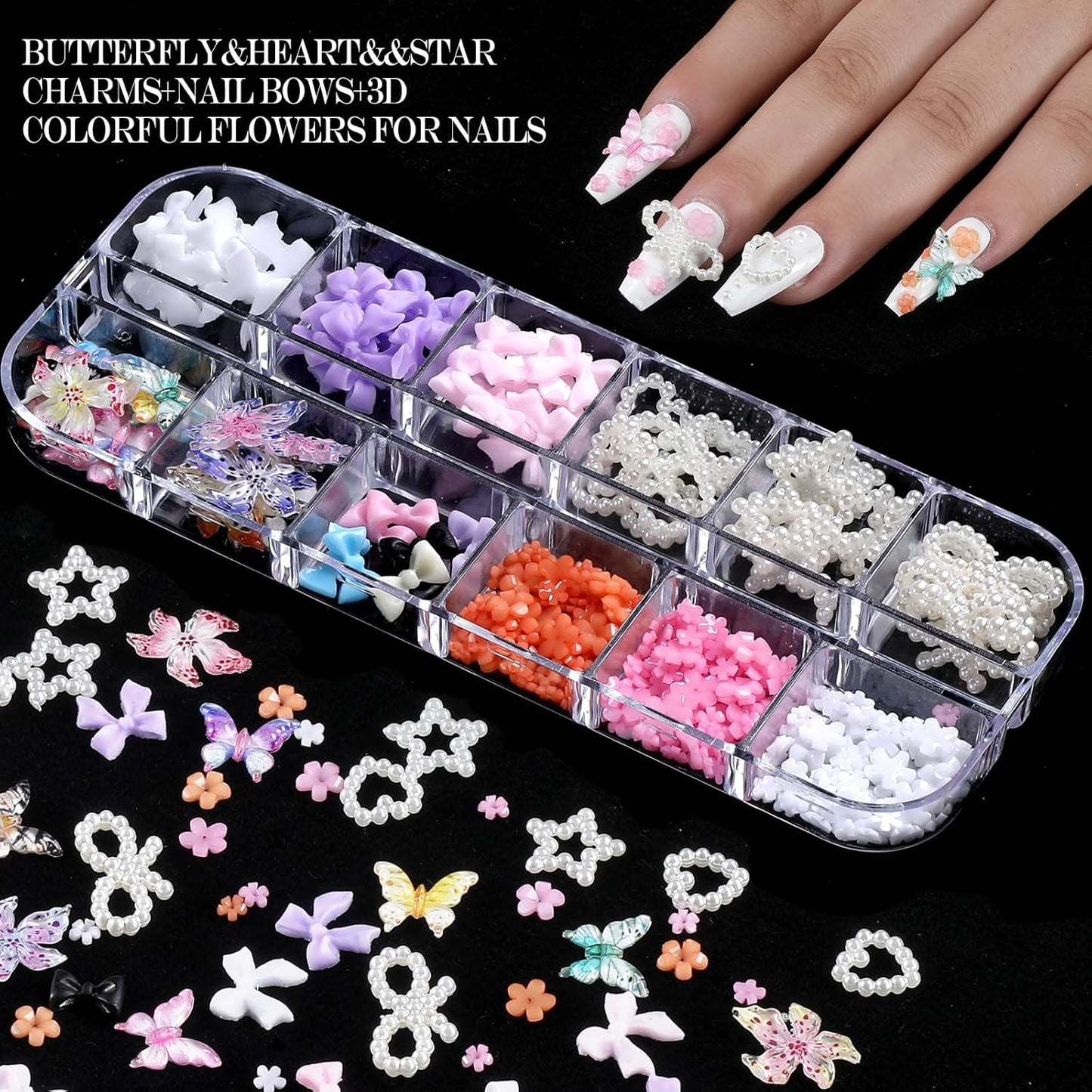 Nail Charms,Nail Gems, Flower Bow Butterfly Nail Charms and Gems,Nail Art Studs and Rhinestones,Nail Decorations Kit with Gold Beads,White Pearls for Nails,Nail Glitters and Stickers