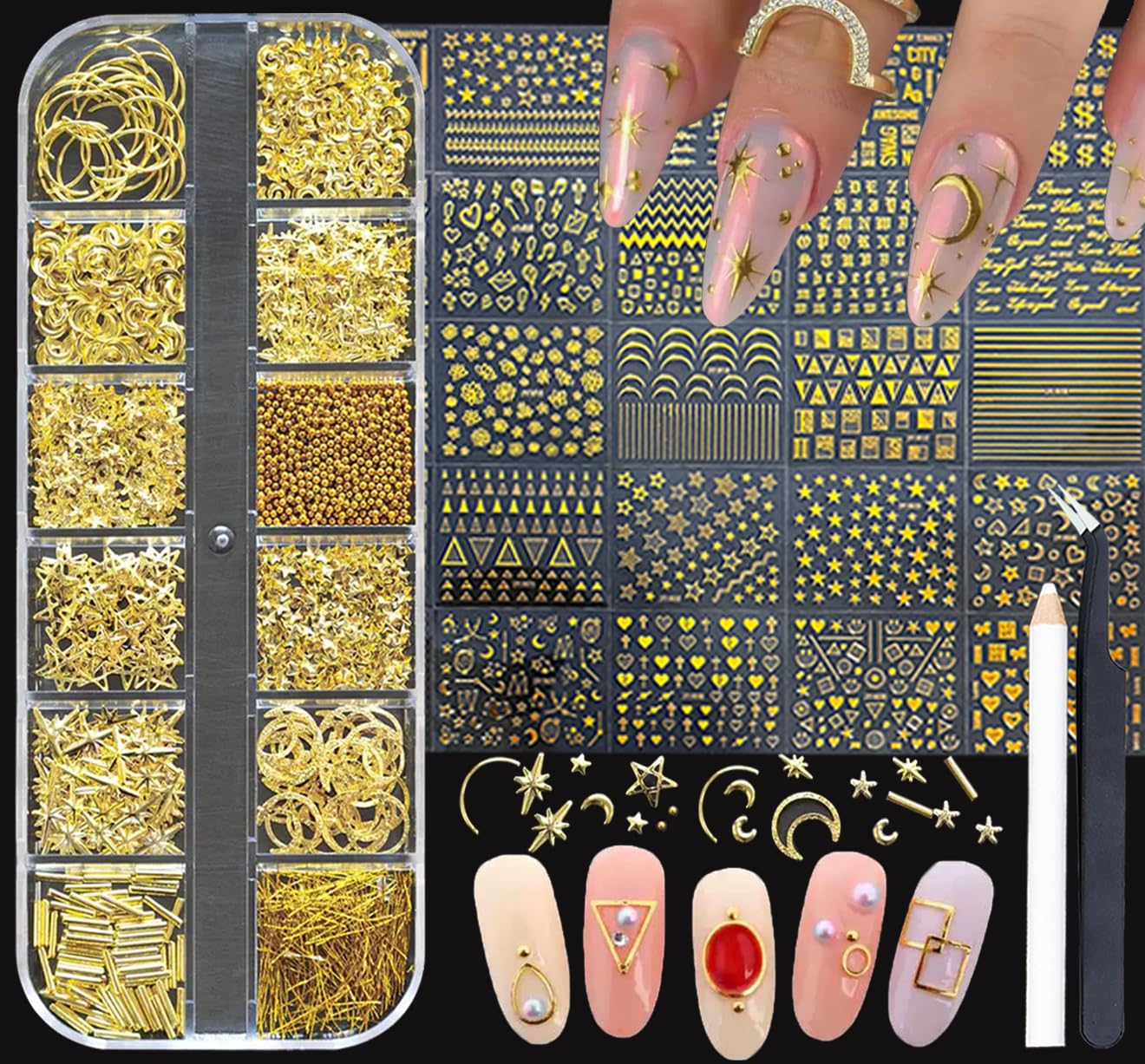 Gold Nail Charms Nail Art Kit with 30 Sheets Gold Nail Stickers 3D Star Moon Nail Charms Self-Adhesive Nail Decals Gold Nail Art Tools Kit Nail Supplies for Women Nails Manicure Nail Art Decoration