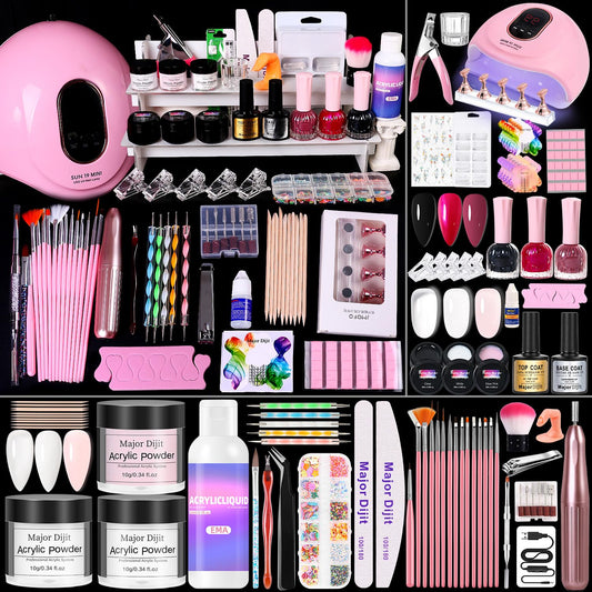 Acrylic Nail Kit with Everything for Beginners Starter Complete Set with Drill Light Nail Polish Extension Gel Nail Art Decoration Tools for Salon Starter Home Salon