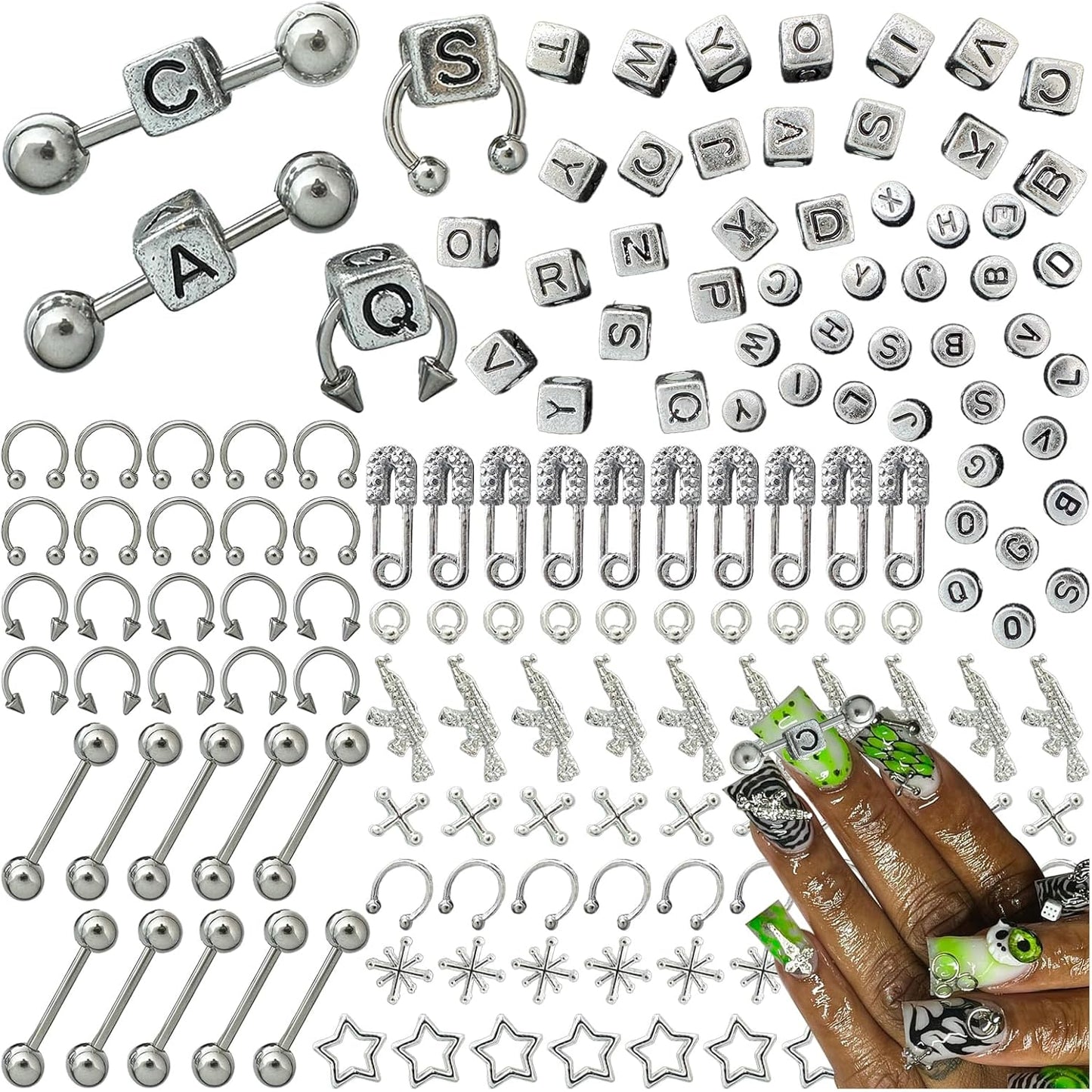 300PCS Sliver Nail Charms for Acrylic Nails, Silver Alphabet Beads Nail Gems Alloy Gun pin Star Nail Accessories, Nail Rhinestones for Nail Art Supplies Manicure Craft DIY
