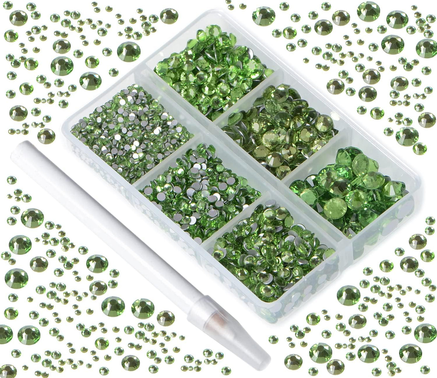 Bymitel 5000 Pieces 6 Mixed Sizes Glue Fix on Glass Rhinestones Round Crystal Gems Flatback for DIY Jewelry Making with one Picking Pen(6-Sizes 5000PCS, Peridot)