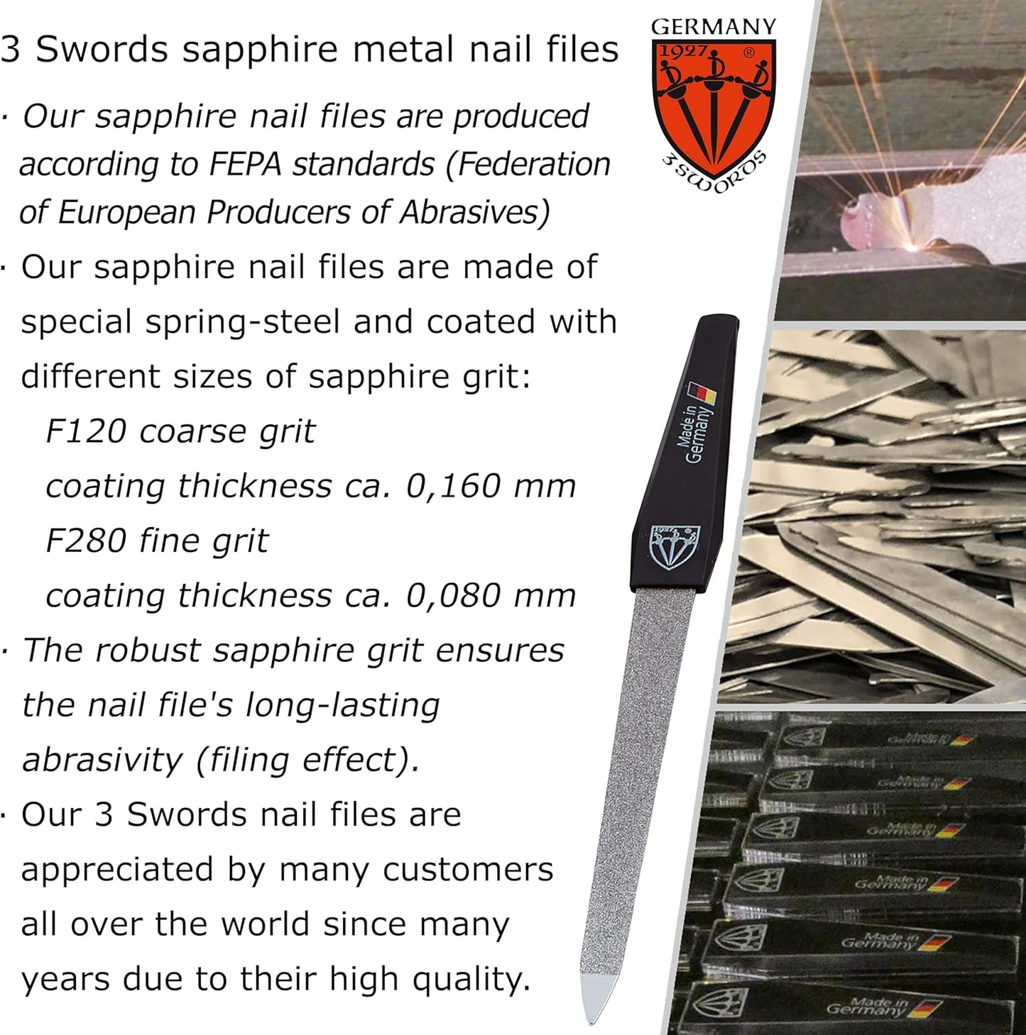 3 Swords Germany - Sapphire Metal Nail File Set 2 Pieces with 1 Piece 3-Way Nail Buffer – Nail Care Made in SOLINGEN/Germany