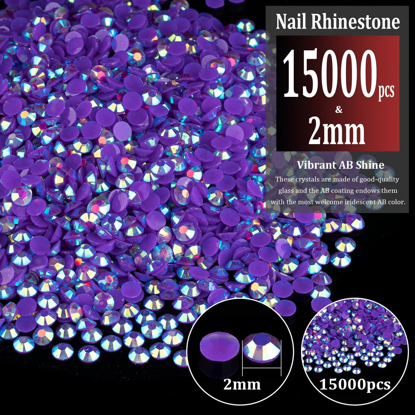 15000pcs 2mm Resin Rhinestones Bulk, Dark Purple AB Flatback Round Jelly Rhinestones Bedazzling Non Hotfix Crystal Gems Large Quantity Wholesale for DIY Crafts Clothes Tumblers Face Makeup Manicure