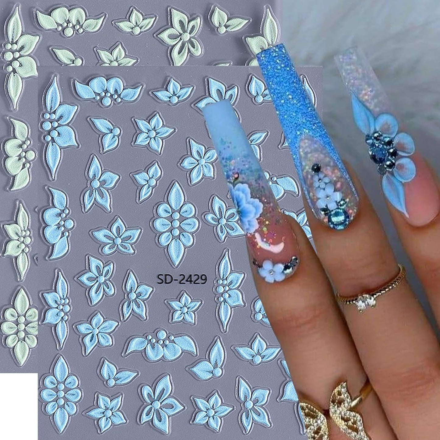 Acrylic Flowers for Nail Stickers - 12PCS 5D Embossed Petal Floral Nail Art Decals Aurora Shell Shinny Lily Hibiscus Sticker Tropical Summer Designs DIY Nail Art Supplies for Women Girls