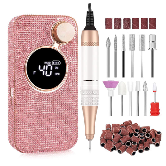 Electric Nail Drill,40000RPM Cordless Nail File Diamond with 12 Drill Bits for Acrylic Nails Gel Polishing,E File Nail Kit Machine for Manicure Salon Home (Pink Diamond)