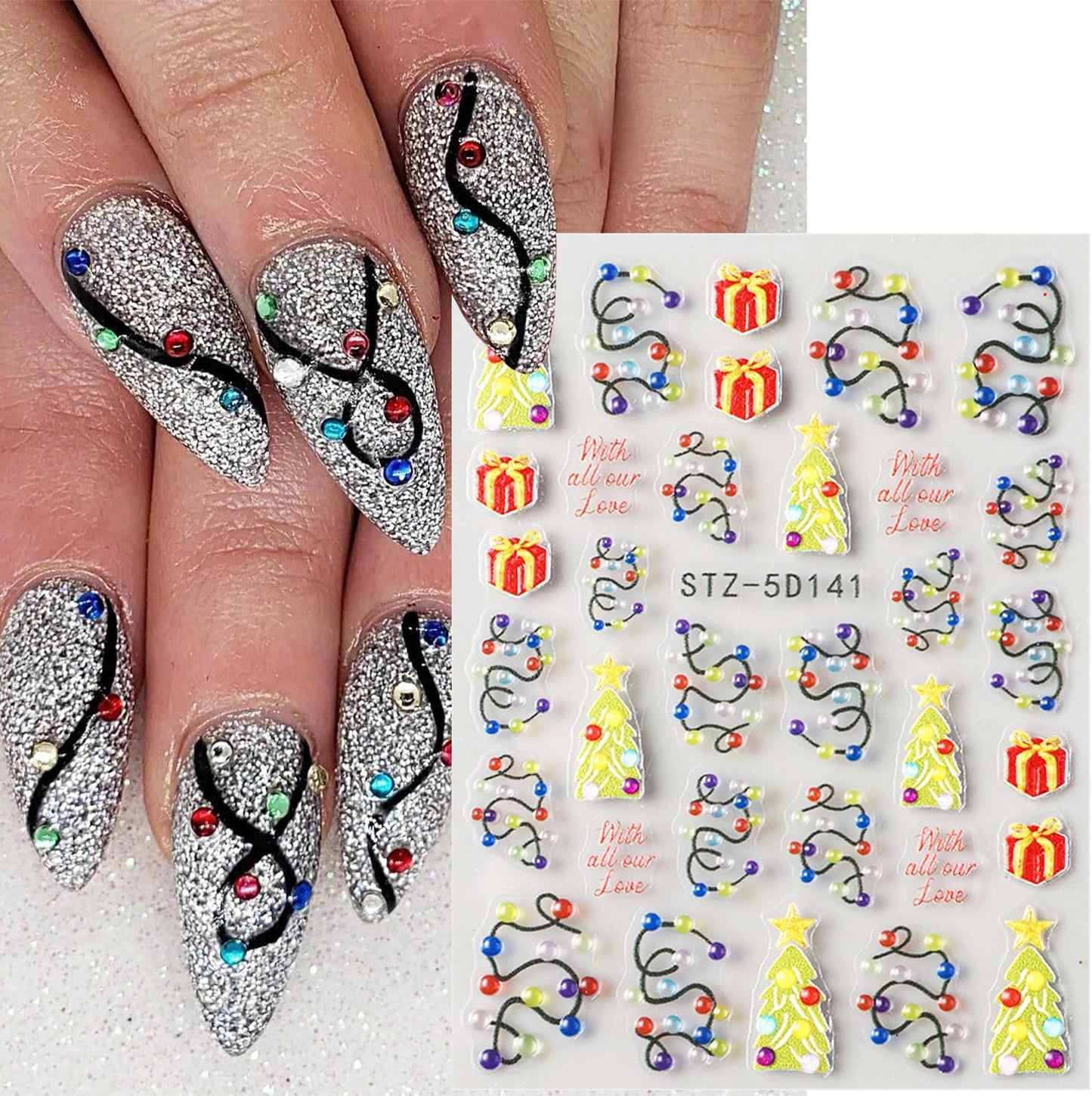 2 Sheets Embossed Christmas Nail Stickers for Nail Art New Year Colorful Light Strips Nail Art Stickers Winter Christmas Tree Nail Decals 5D Self-Adhesive Xmas Gift Box Nail Decoration for Women