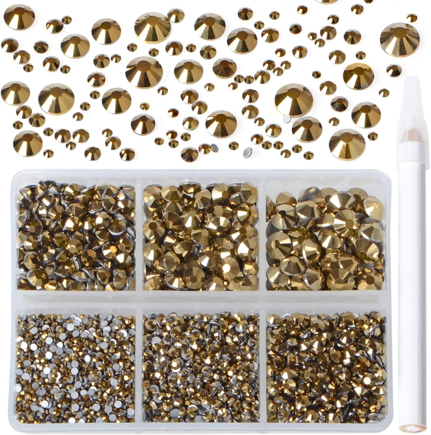 Bymitel 5000 Pieces 6 Mixed Sizes Glue Fix on Glass Rhinestones Round Crystal Gems Flatback for DIY Jewelry Making with one Picking Pen (6-Sizes 5000PCS, Aurum)