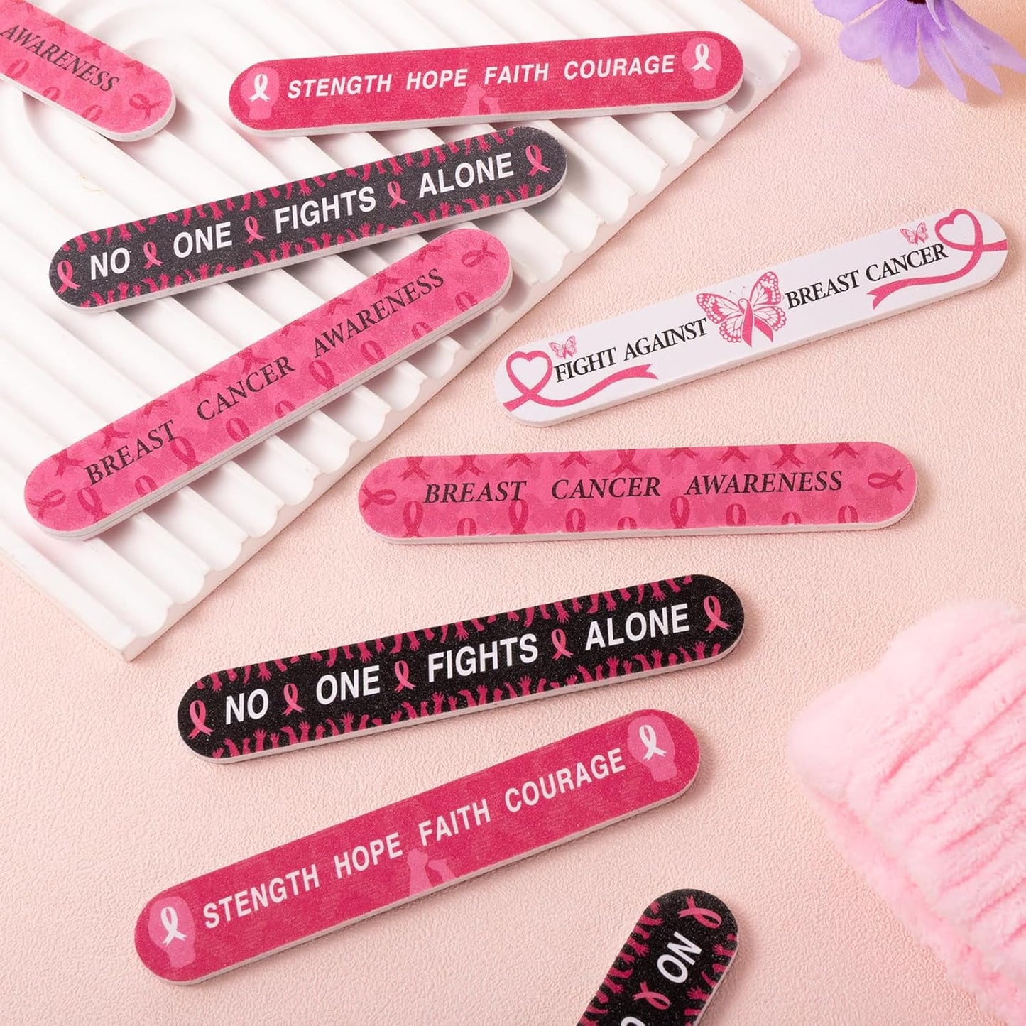 50 Sets 4.72" Breast Cancer Awareness Gift Nail File with Pink Ribbon Design Breast Cancer Awareness Nail Files Bulk Manicure Tools for Women Party Gift Accessories(48PC)
