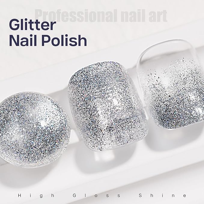 MIZHSE Quick Dry Glitter Silver Nail Polish, Classic Nail Polish Air Dry Fast, 15ml High Glossy Sparkly Shiny Shimmery Nail Art Salon Manicure Home
