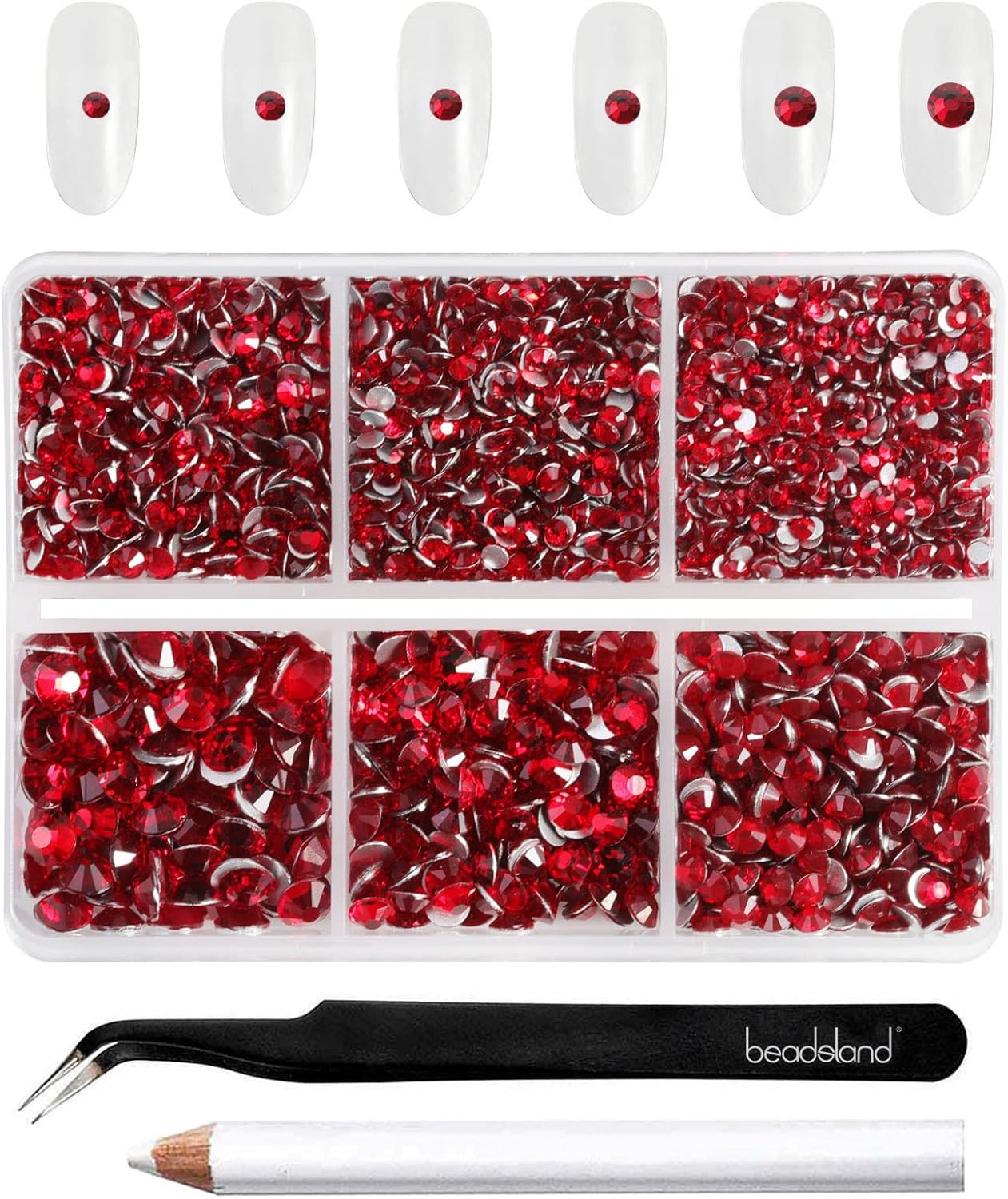 Beadsland 4300pcs Flatback Rhinestones, Red Rhinestone Nail Gems Round Crystal Rhinestones for Crafts,Mixed 6 Sizes with Picking Tweezers and Wax Pencil Kit, SS6-SS20, Siam