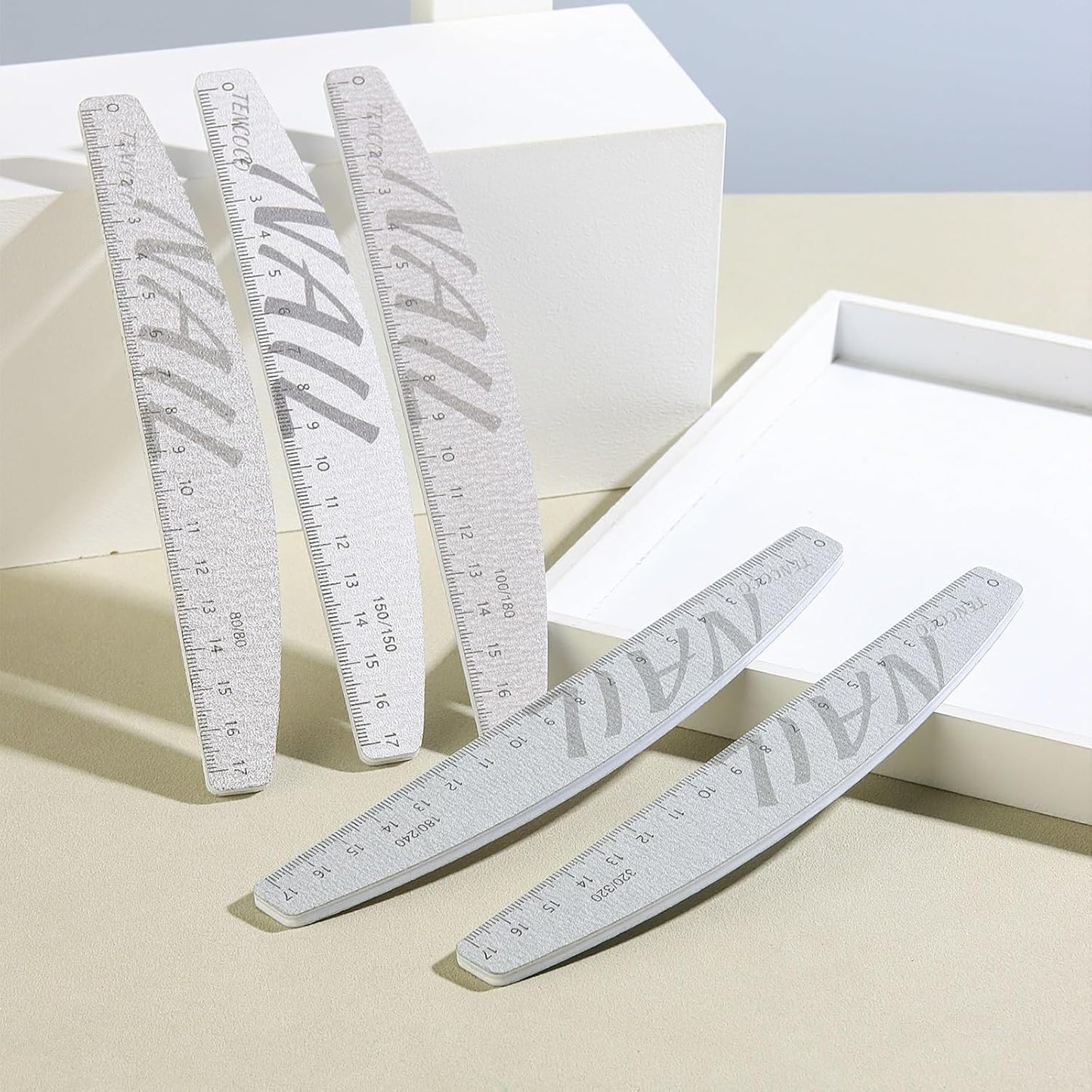 5Pcs 80/100/150/180/240/320 Grit Nail Files and Buffers with Measuring Scale Double Sided Emery Boards Washable Reusable Fingernail Coarse Files Professional Manicure Tools
