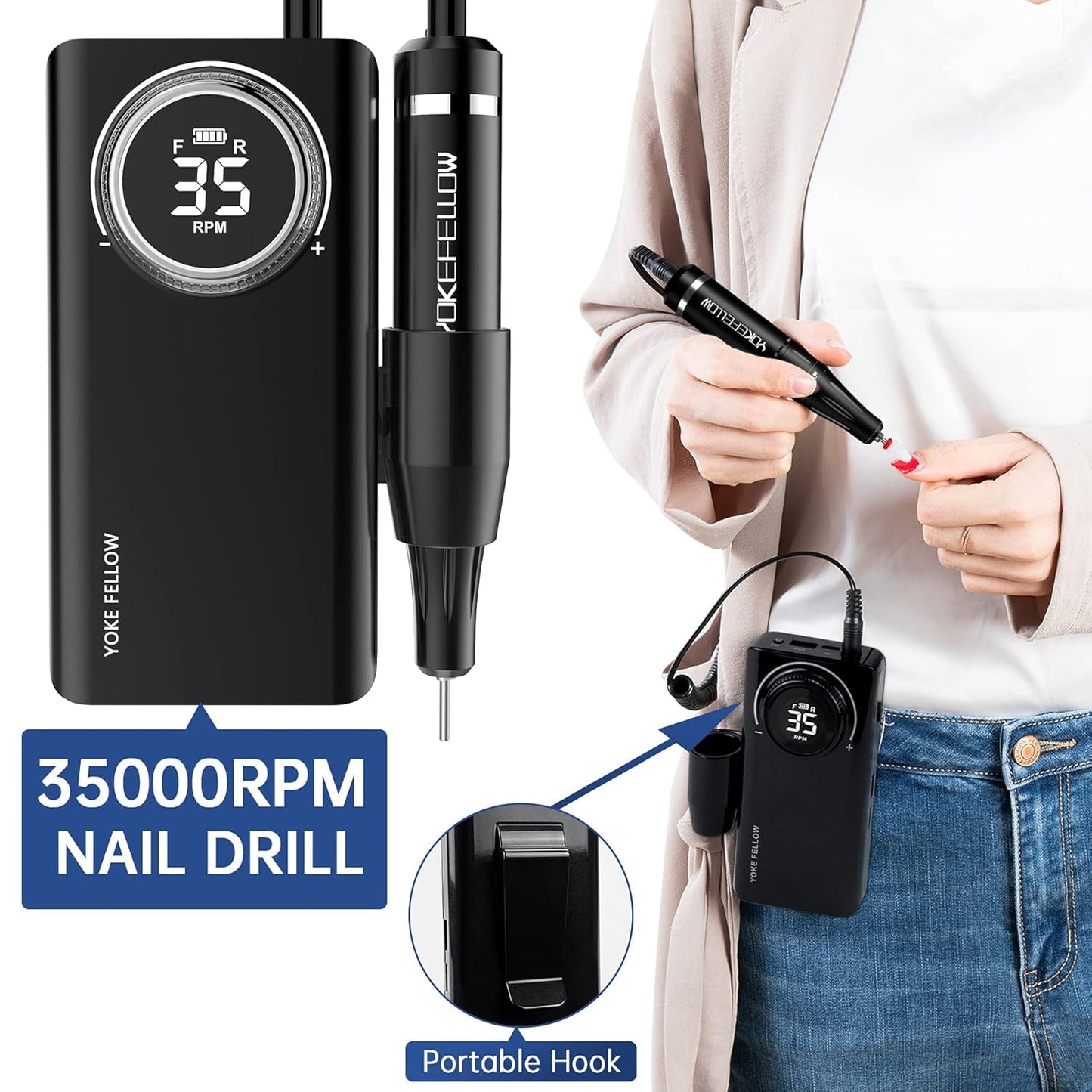 YOKE FELLOW Professional Nail Drill - 35000RPM Nail Drills for Acrylic Nails Professional Nail Drills Machine for Acrylic Removal Polishing Tools Kit for Salon Home Use