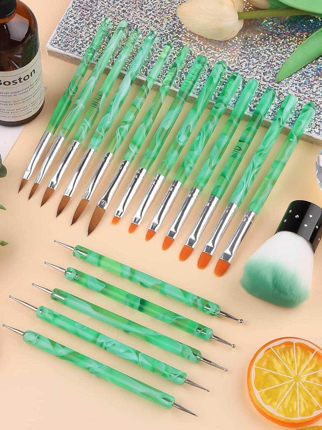 TOROKOM 19Pcs Nail Art Brushes Kolinsky Acrylic Brushes for Nails incl Gel Polish Nail Art Tools, Nail Design Brushes,Double Ended Dotting Tools for Acrylic Application Manicure,with Nail Dust Brush