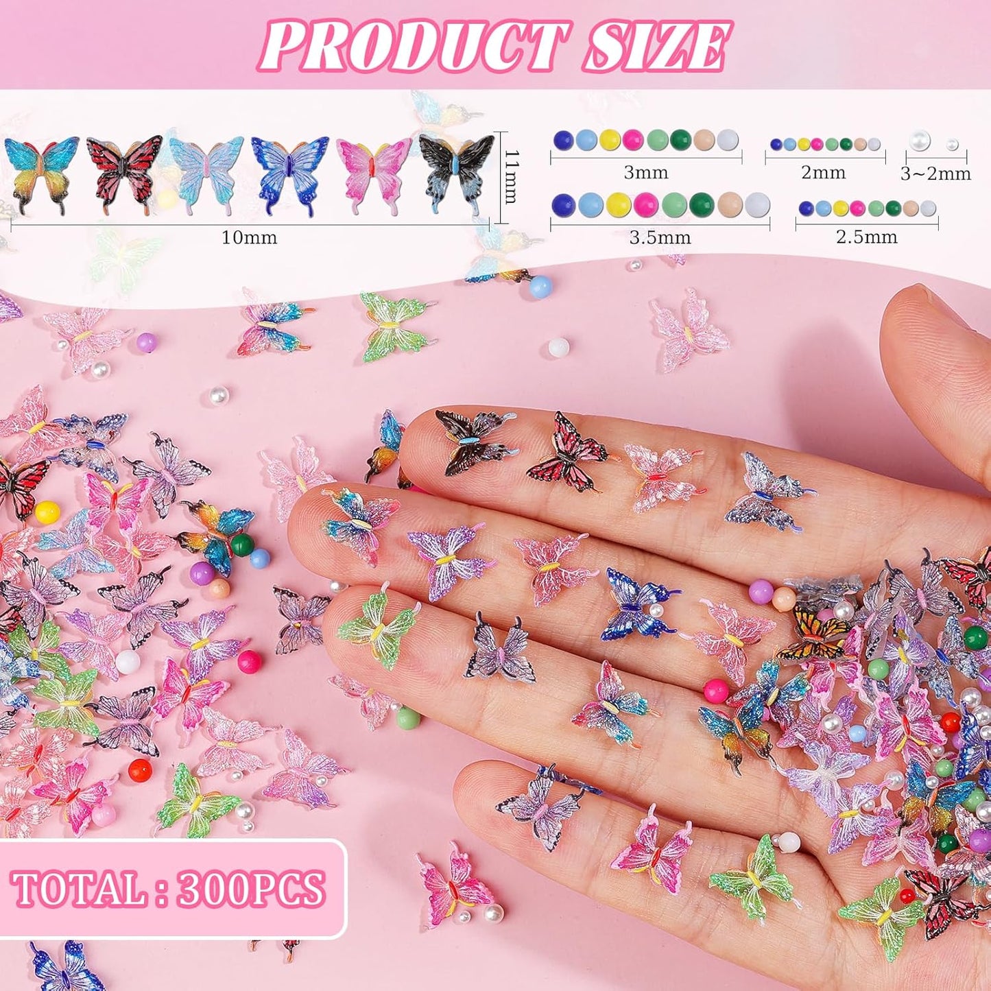100Pcs Butterfly Nail Charms with 200Pcs Pearls, Colorful 3D Resin Nail Butterfly Charms, White & Macaron Rhinestones for Nail Art, DIY Crafts, Spring Summer Manicure Decoration for Women Girls