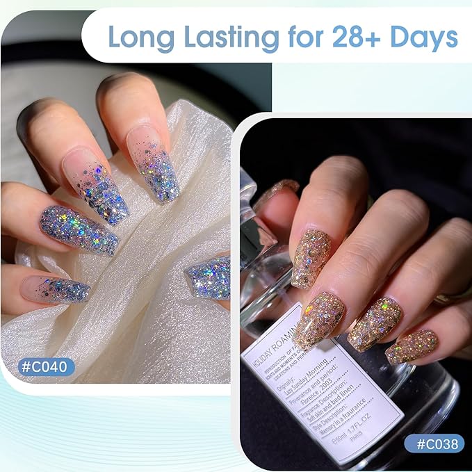ROSALIND Glitter Sequins Gel Nail Polish, 8 Color Glitter Gel Polish Lightning Sparkle Effect Super Shiny Professional Soak Off UV Gels