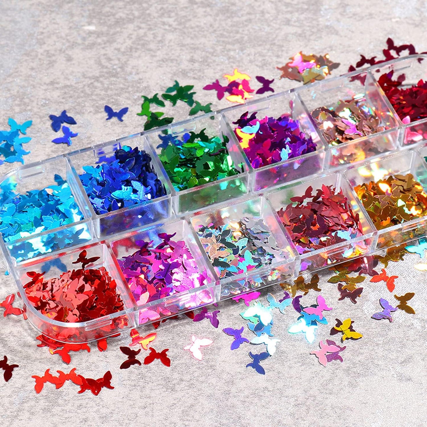 Laser Glitter Butterfly Nail Art Sequins, 3D Butterflies Sparkly Flakes Decoration-12 Colors Holographic Butterfly Shiny Design Supplies for Fingernail and Toenail Nail Accessories DIY Face Makeup