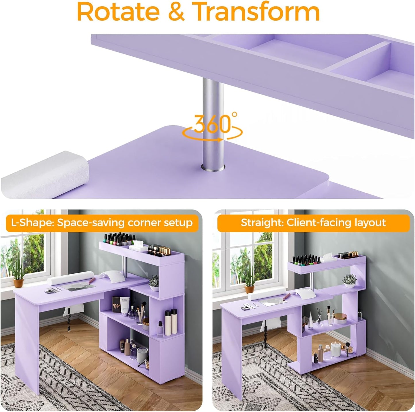 Manicure Table, L-Shaped Nail Tech Desk with Dust Collector, Reversible Rotating Table & Storage Shelf, Acetone Resistant Beauty Salon Station, Purple