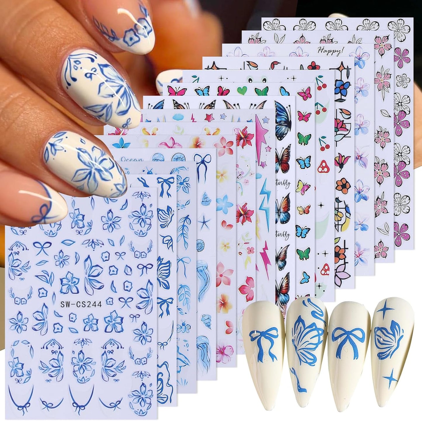 Tropical Nail Art Stickers Decals 14 PCS 3D Blue Flower Jellyfish Nail Art Designs Hibiscus Butterfly Geometry Stickers Colorful Charms Nails Supplies Self Adhesive Summer Manicure Decor