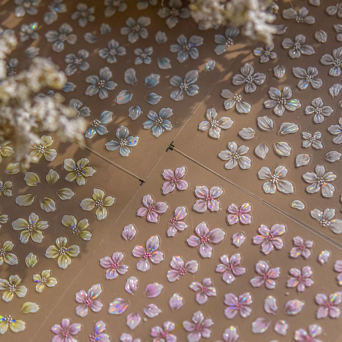Iridescent Flower Nail Art Stickers, 4 Sheets Crystal Shell Design, Jelly Flowers Decals for Summer Manicure