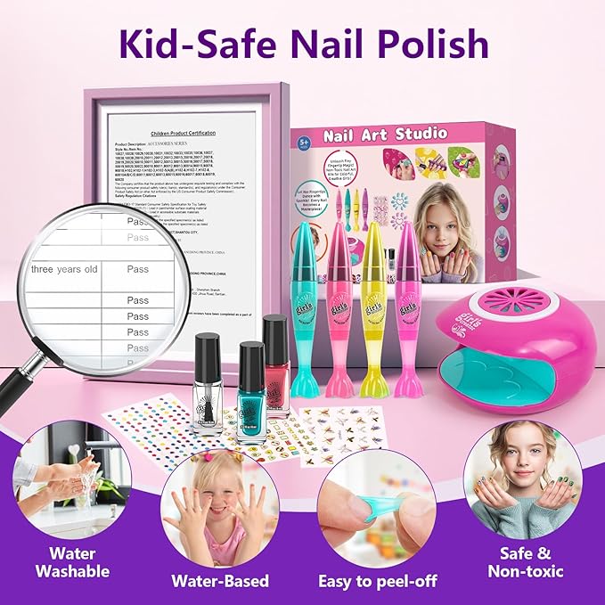 Kids Nail Polish Set for Girls - Girl Gift - Nail Kit for Kids Ages 7-12, Non-Toxic Nail Polish Set with Nail Dryer, Girl stuff for Spa Makeup Manicures, Birthday Gifts for Girls Toy 6 7 8-12