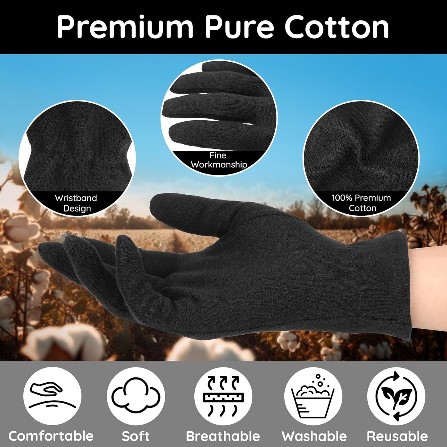 Segbeauty 12 Counts Elastic Moisturizing Hand Gloves for Men, 6 Pairs Black Cotton Gloves for Dry Hands Overnight, Sleeping Soft Spa Moisture Glove with Elastic Band, Sleep Lotion Glove for Working