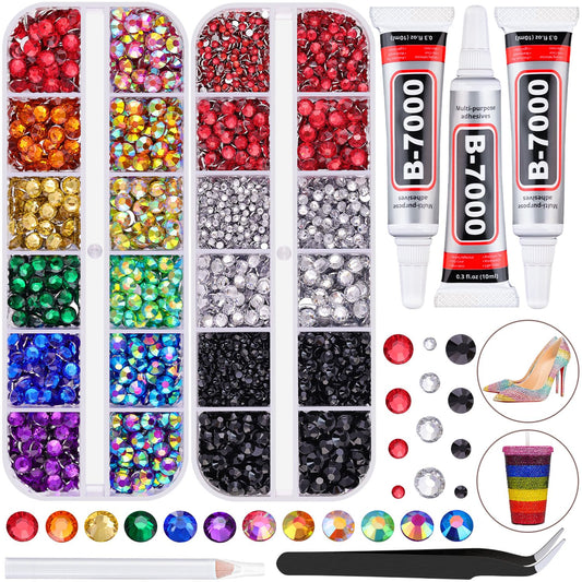 8500 PCS Flatback Rhinestones for Bedazzling with 3PCS B7000 Jewelry Glue (Pack 1), 2 Boxes of Rainbow Resin Gems for Crafting Fabric Clothing Tumblers Shoes Nail Art Makeup