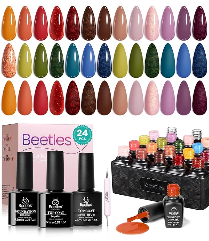 Beetles Fall Gel Polish Set - Toy Eden Gel Nail Polish Set 20 Colors Brown Orange Red Purple Glitter Shell Shread Green Nude Blue 24pcs with Base Coat Glossy Matte Top Coat Gifts for Women
