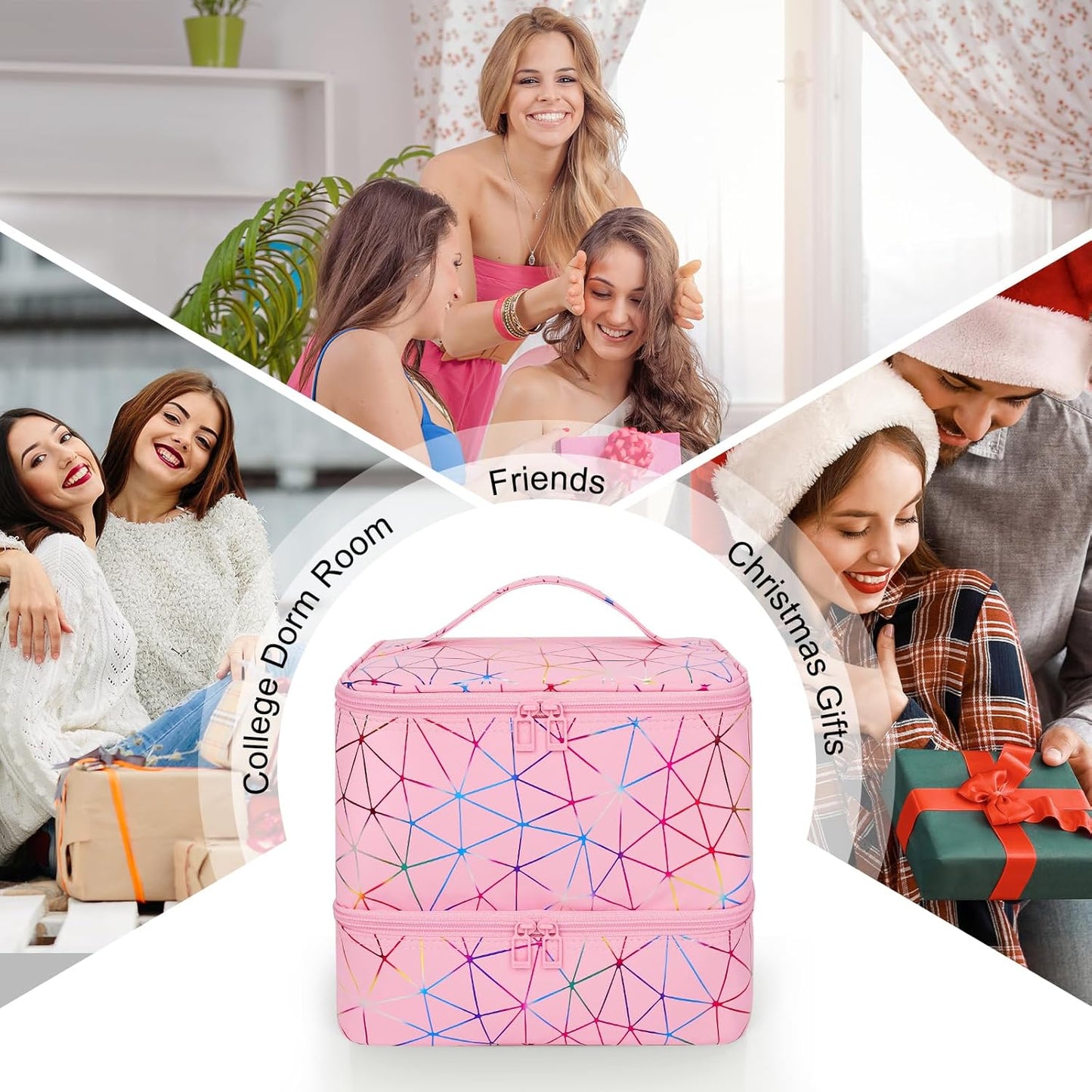 Ethereal Small Nail Polish Organizer Case Holds 32+ Bottles(15ml/0.5fl.oz) and Nail Lamp, Double Layer Nail Polish Storage Bag for Nail Kit, Manicure Tools, Diamond Pink