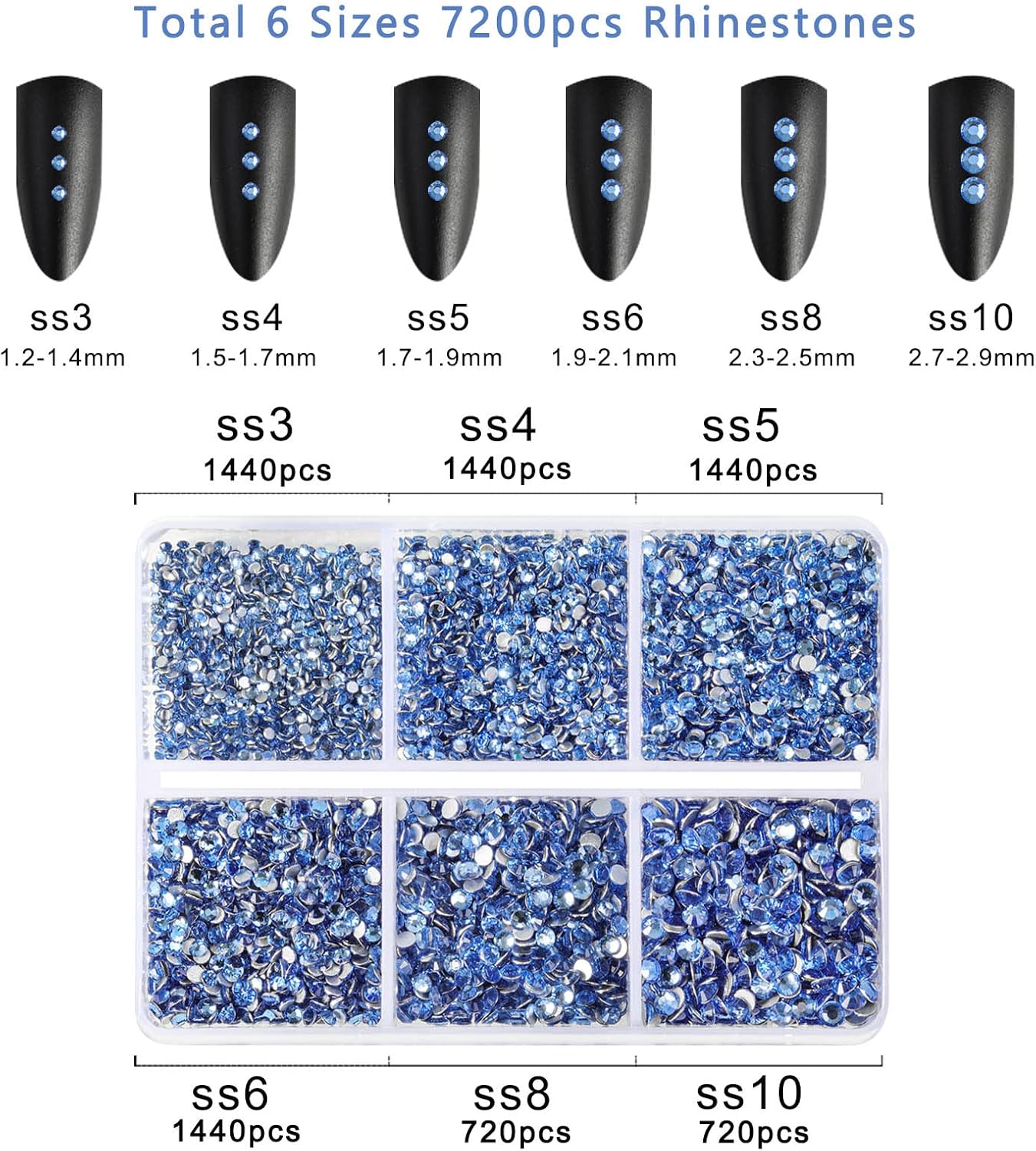 Beadsland 7200pcs Flatback Rhinestones,Light Blue Rhinestone Nail Gems Round Crystal Rhinestones for Crafts,Mixed 6 Sizes with Wax Pencil Kit, SS3-SS10,Light Sapphire