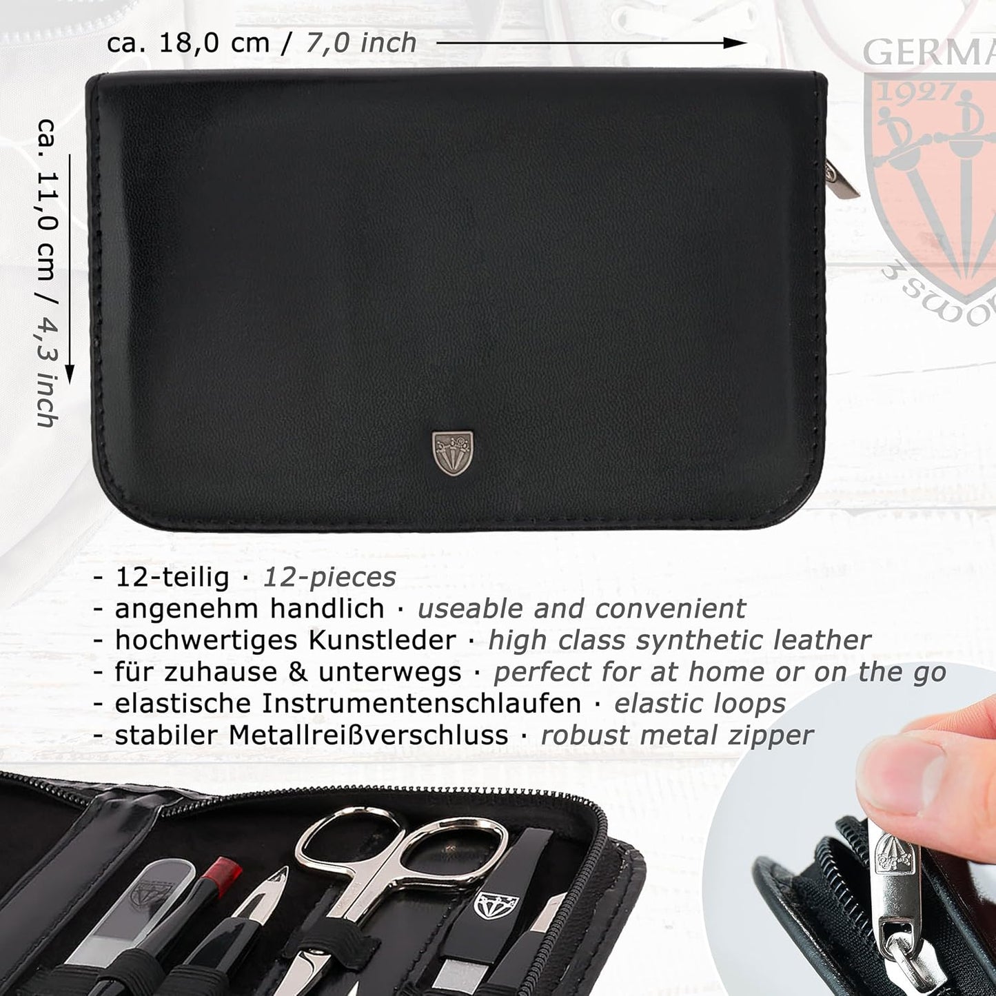 3 Swords Germany – Brand Quality 12 Piece Manicure Pedicure Grooming kit Set for Professional Finger & Toe Nail Care with Black Synthetic Leather case - Made in Germany