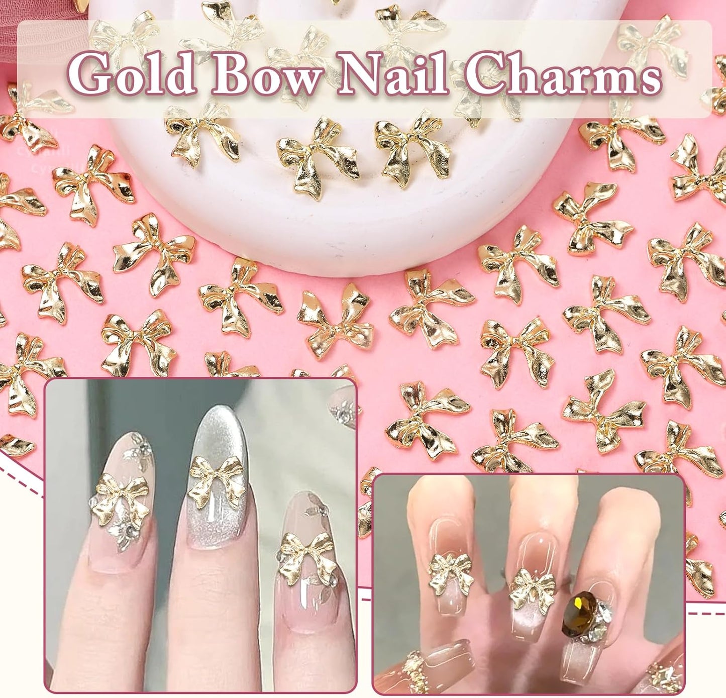 80 Pcs Gold Nail Charms Bow for Alloy Nails, 3D Bowknot Nail Art Charms, Bow Tie Nail Gems Charms,Cute Bow Nail Art Jewels Charms for Nail Art Supplies DIY Accessories