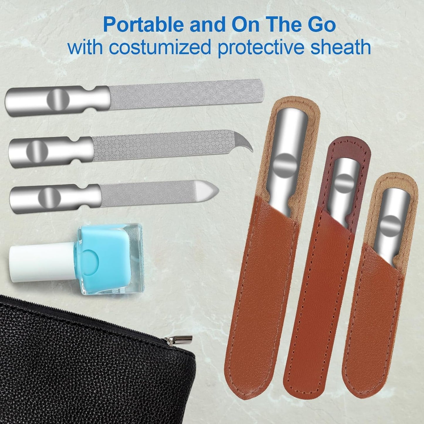 Stainless Steel Nail File (3 Pack) for Natural Nails, Metal Nail Files with Sharp Pointed Tip Fingernail File Sheath Case Double Sided Reusable Flat File Manicure Tool Home Salon Travel Use Men Women