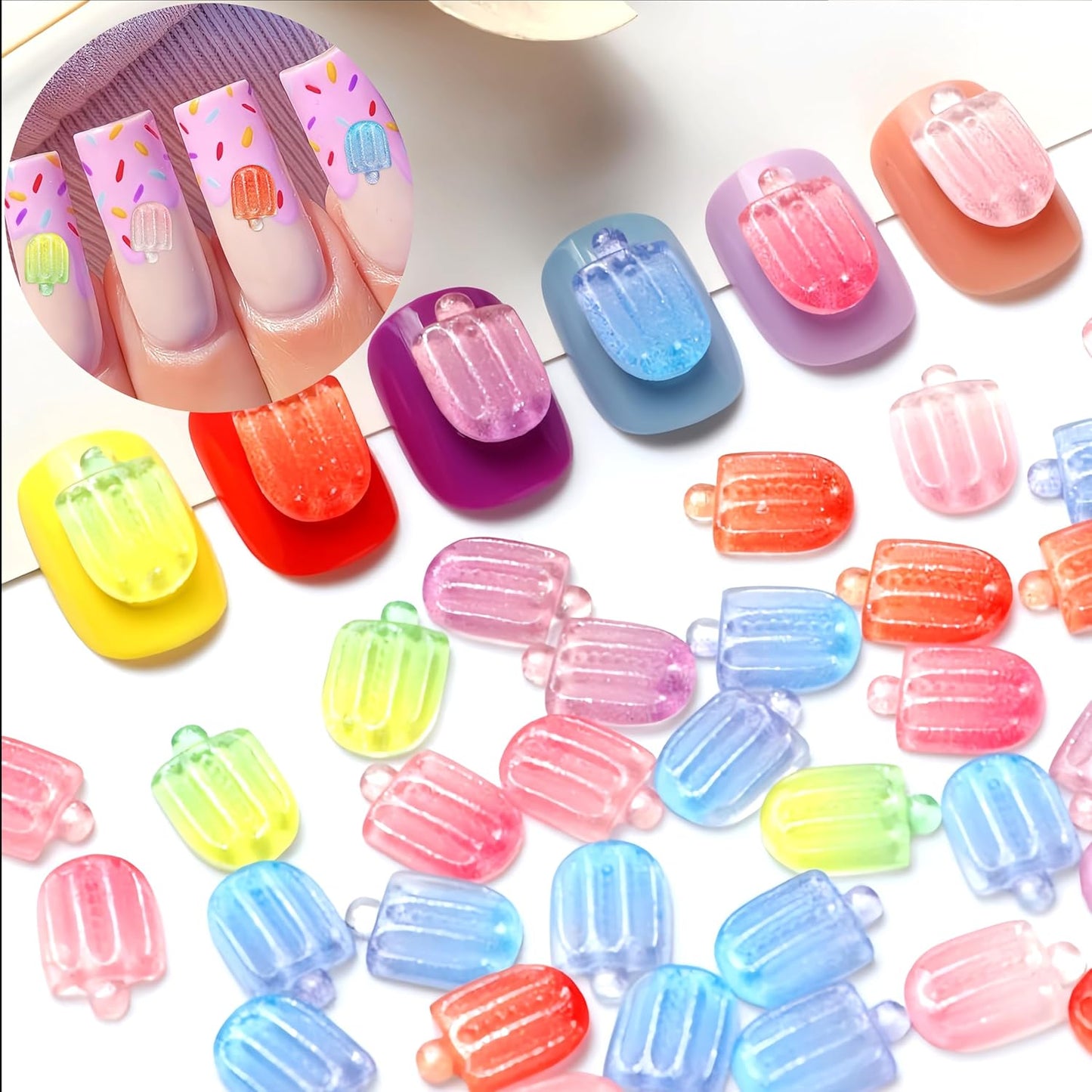 50Pcs Summer Colorful Ice Cream Nail Art Charms Kawaii Nail Charms for Acrylic Nails Mini Ice Lolly Summer Flatback Nail Rhinestones for Women Nails DIY Nail Supplies Cute Nail Art Craft Accessories