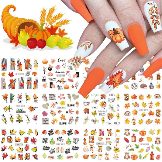 Fall Nail Art Stickers Autumn Nail Water Decals Maple Leaf Pumpkin Small Animals Thanksgiving Nail Stickers Water Transfer Foil Designs Nail Decals for Women Girls DIY Nail Decorations (12 Sheets)