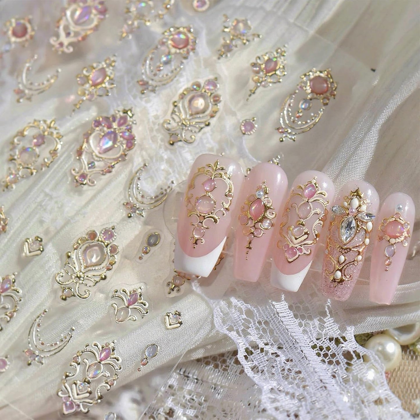 5D Embossed Gemstone Nail Stickers Gold Vintage Frame Nail Designs Flower Rose Golden 5D Self-Adhesive Luxury Baroque-Style Scepter Nail Decals for Women DIY Manicure 1 Sheet