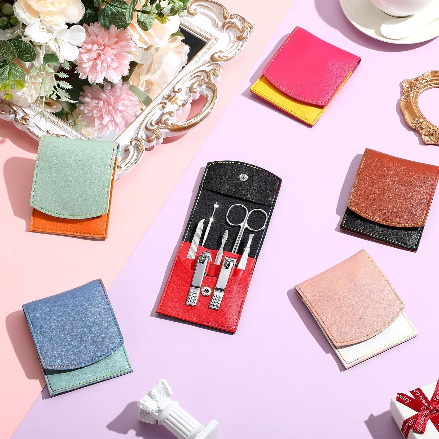 30 Set Manicure Kit Bulk Nail Clippers Kit 7 in 1 Mini Nail Clippers Stainless Steel Professional Nail Care Pedicure Kit with Travel Bag Grooming Kit for Valentine Women Men Home(Vivid Color,Cute)