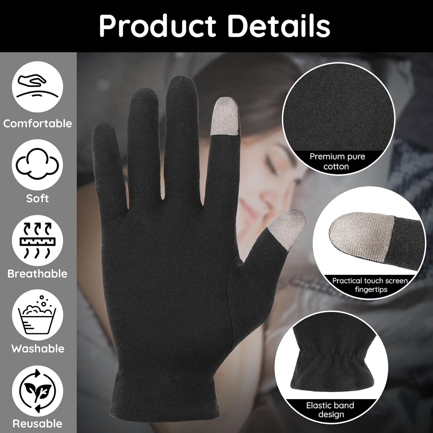 Segbeauty 20 Counts Elastic Cotton Work Gloves Black with Touchscreen Fingers, 10 Pairs Sleep Moisturizing Lotion Gloves Overnight for Women with Elastic Band, Gel Spa Cotton Work Glove for Arts Coins