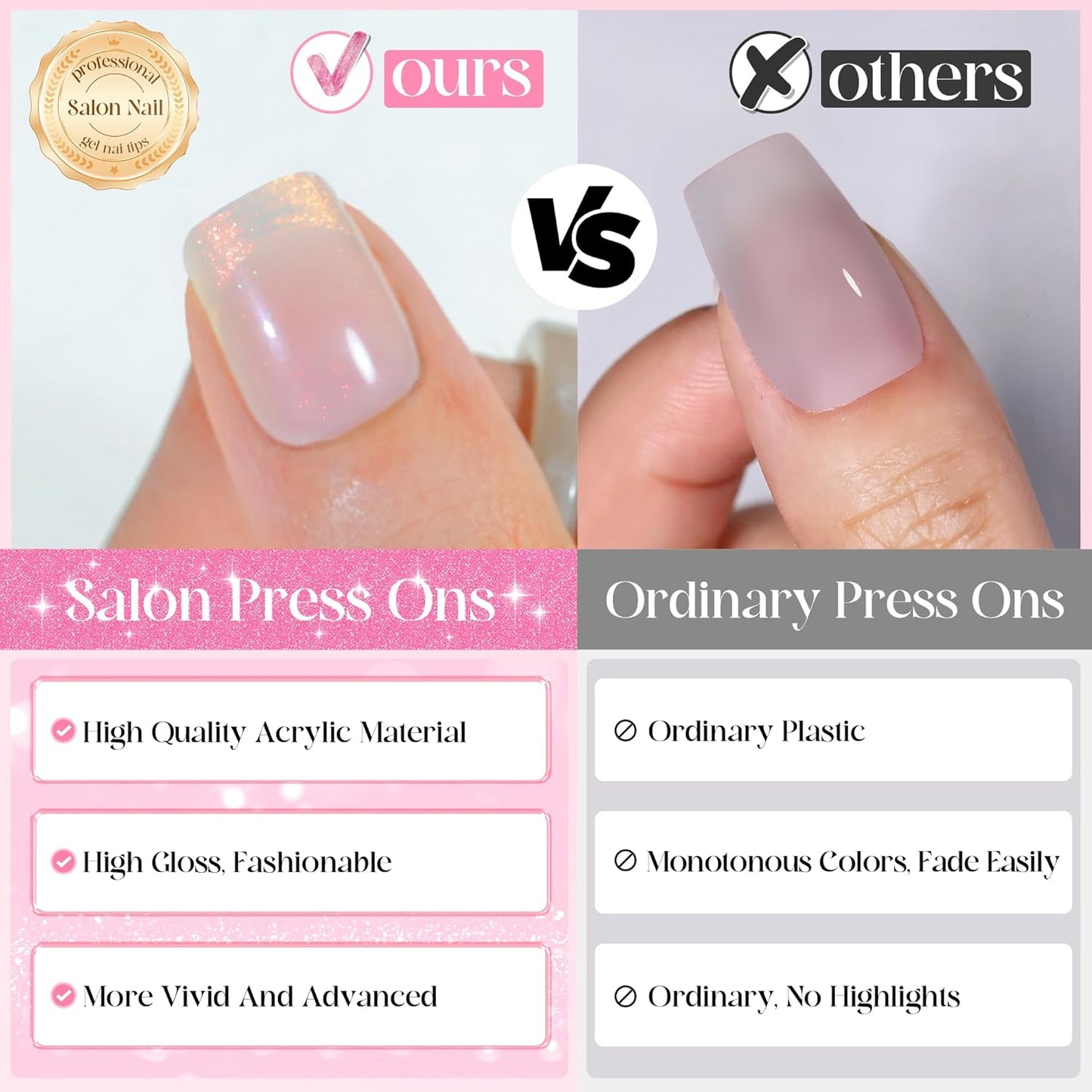 Chrome French Tip Press on Nails Short 5 Styles, Jofay Fashion 120Pcs Salon-Like Acrylic Fake Nails with Mermaid Pearl Chrome Gold Foil End Designs, Glossy & Natural Glue on Nails Set F