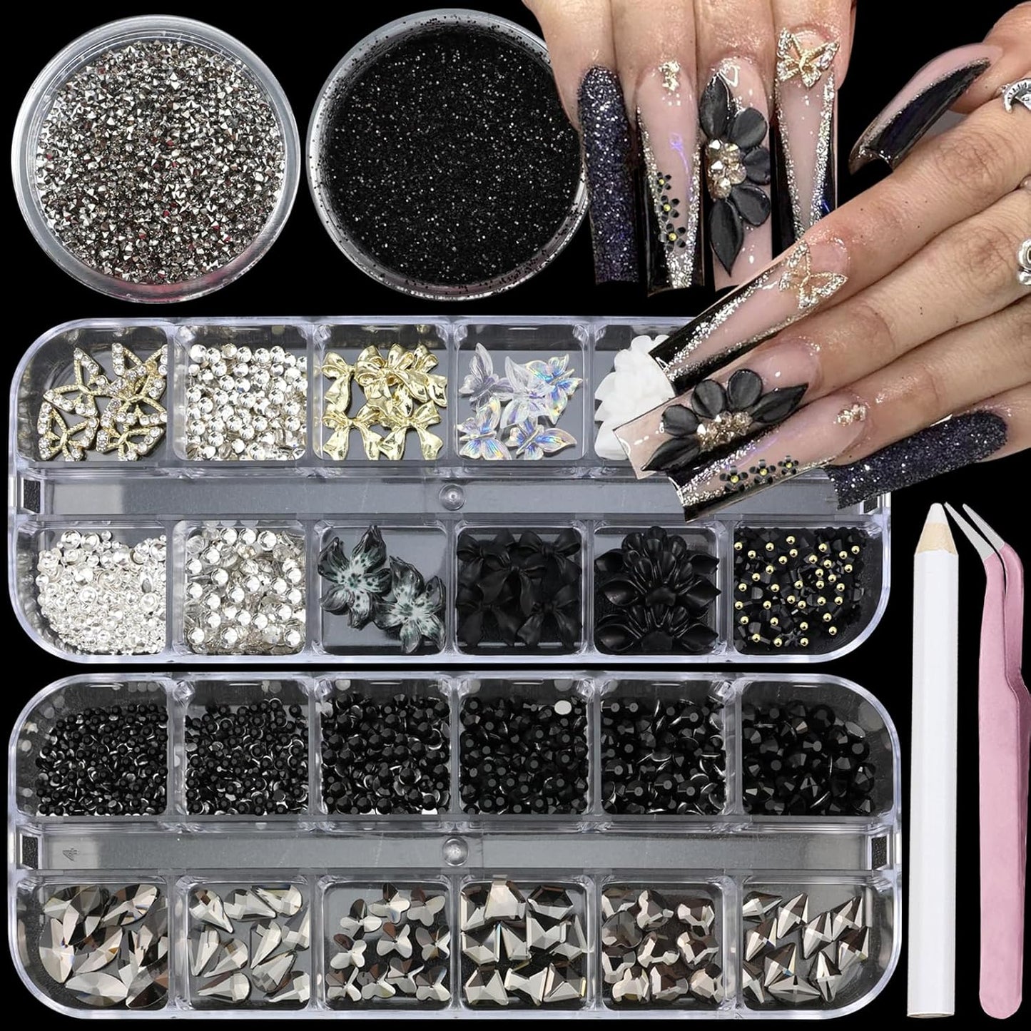 4 Boxes Dark Nail Gems Bow Flower Nail Charms for Acrylics - Irregular Crystals, Nails Rhinestone & Accessories for Women Nails Art Design Nails Decor(Dark)