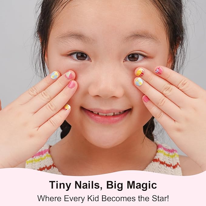 DANNI & TONI Kids Gel Nail Strips Cake Bowknot Peachy Pink Salon-Quality Peel & Stick Manicure for Children (Age 6+)– Safe, Long-Lasting, Easy to Apply |Sweet Party