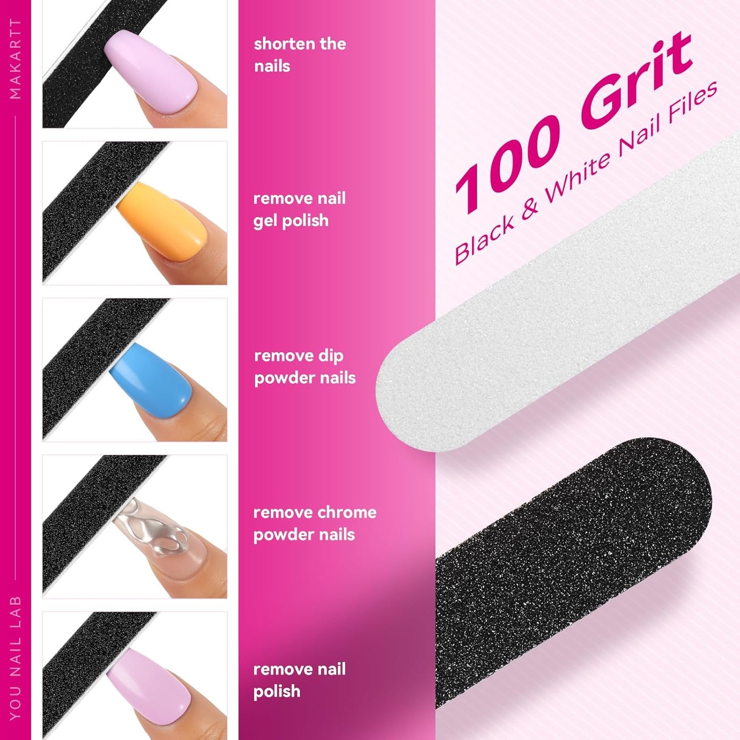 Makartt Mini Nail Files: 100/180 Grit Emery Boards for Nails, 100 Pcs Disposable Doubled Sided Coarse & Fine Bulk Manicure Kit Home Salon Use(Black White Pink Purple Brown)