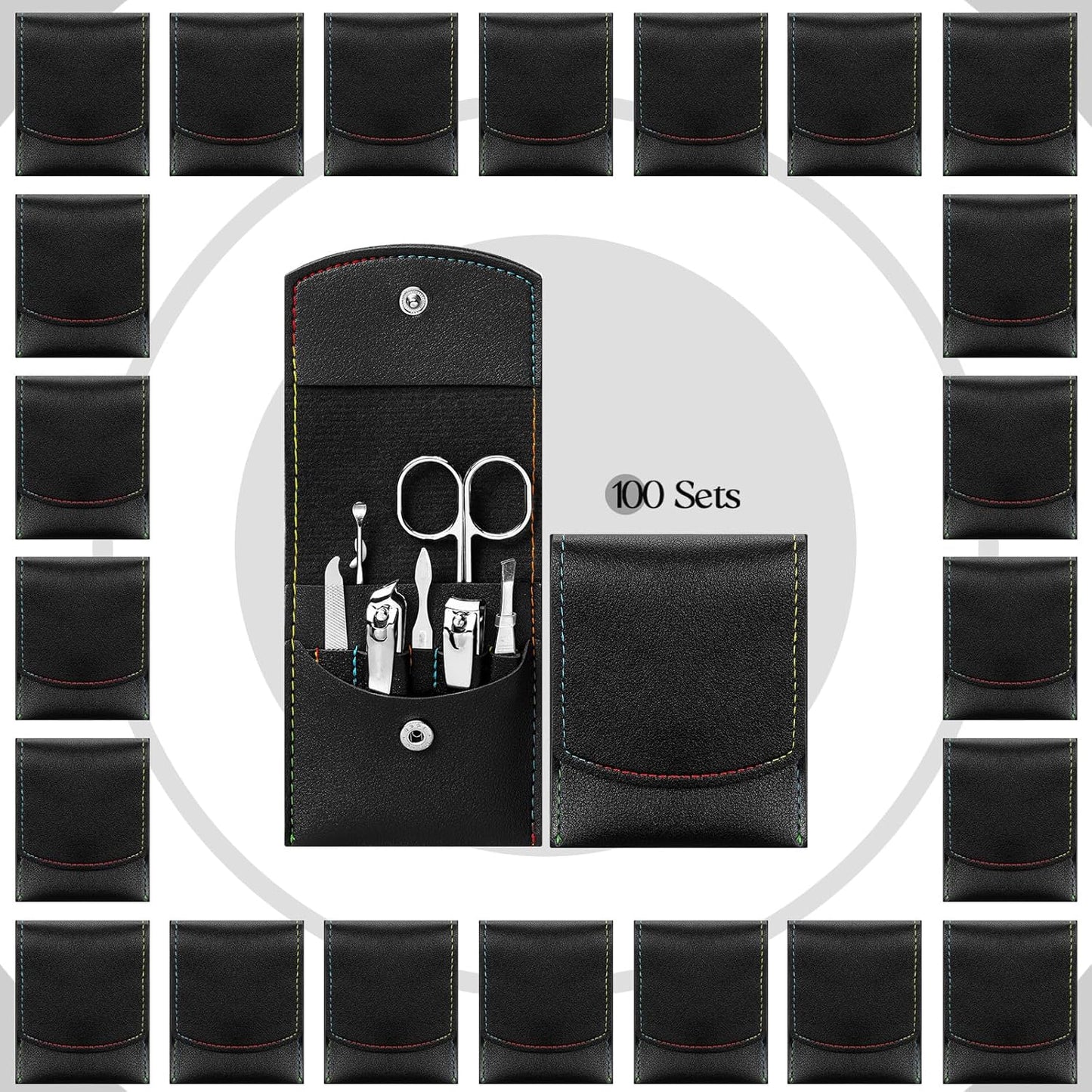 Lasnten 100 Bulk Nail Clipper Set Bulk Manicure Kit Stainless Steel Pedicure Professional Nail Care Kit with Travel Case Portable Grooming for Husband Men Women Family(Black,7 in 1)