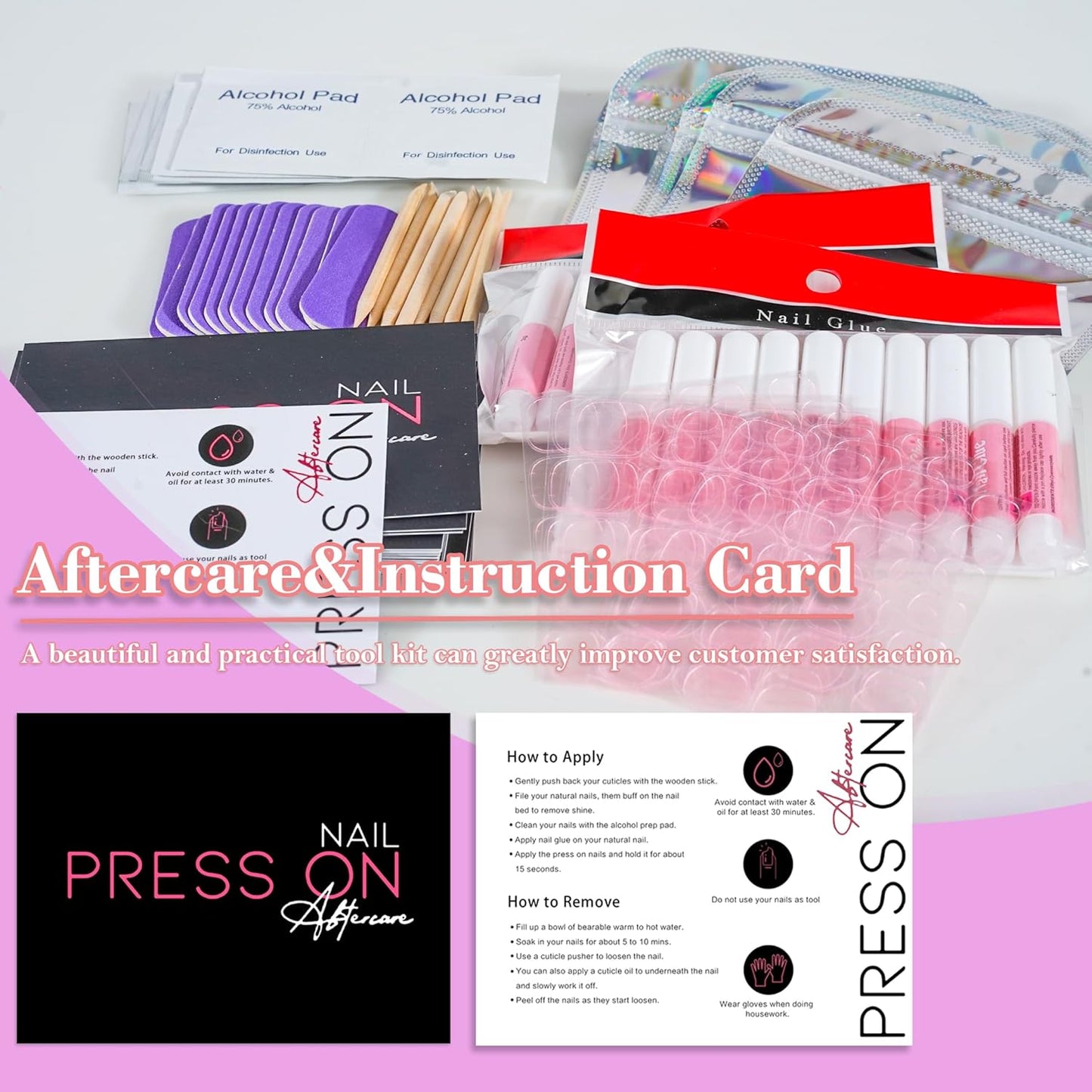 Press On Nail Tool Kit for Nail Business, Nail Prep Application Disposable Kit with Nail File, Nail Glue, Prep Pads, Instruction Card, Adhesive Nail Tabs, Wood Stick, Holographic Bag (50pcs in purple)