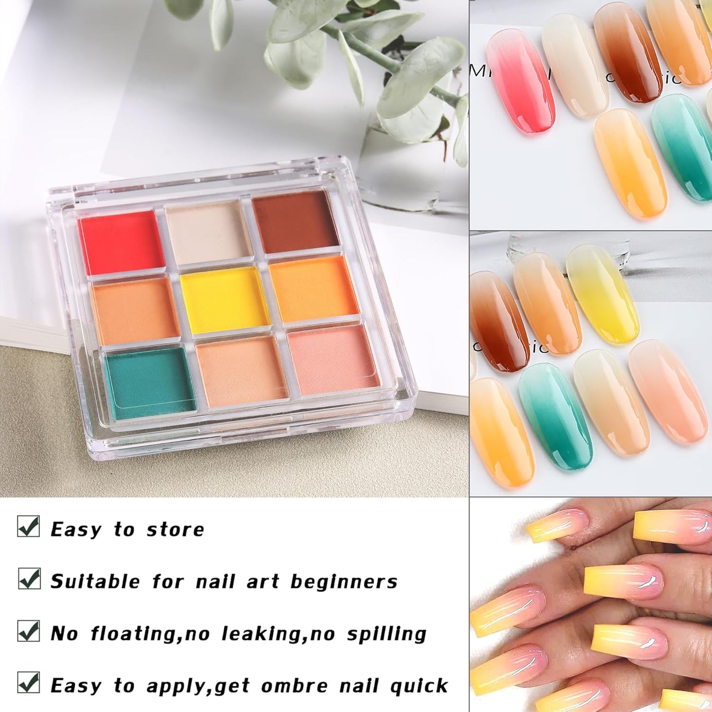 Nail Pigment Powder - 9 Colors Ombre & Gradient Nail Art Design Kit - Includes 5 Sponge Sticks & 1 Brush - Neon Powder for DIY Manicure Beginners