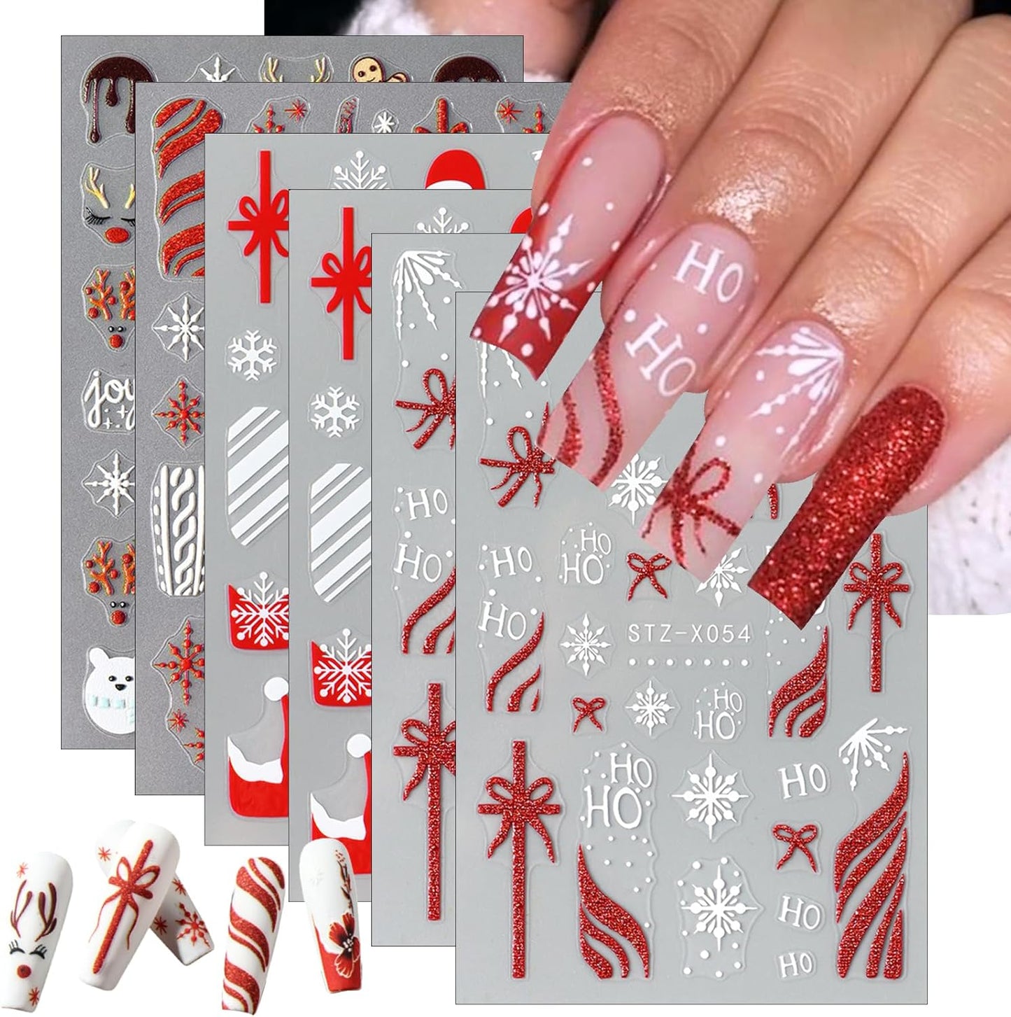 French Snowflake Christmas Bow Nail Art Stickers 3D Embossed Gingerbread Man Christmas Hat Cute Elk Acrylic Nail Decals Women Girls DIY Nail Salon 6 Sheets
