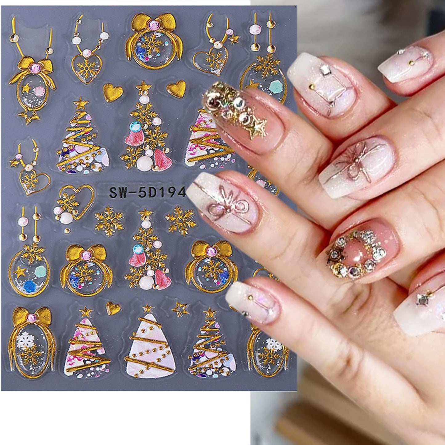 2 Sheets Christmas Nail Stickers for Nail Art Gold Snowflake Ball Nail Art Stickers Embossed Snow Christmas Tree Nail Decals 5D Self-Adhesive New Year Red Bow Xmas Wreath Nail Design Decals for Women