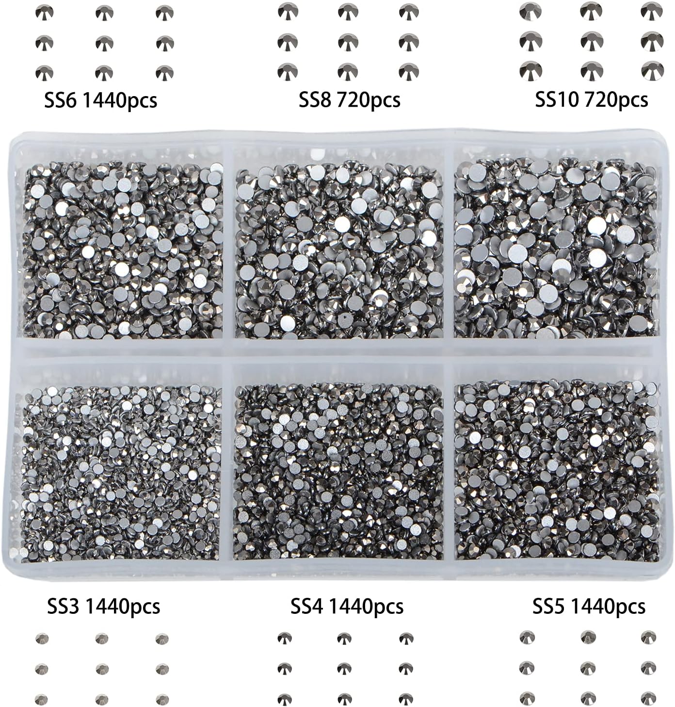 Bymitel 7200 Pieces 6 Mixed Sizes Glue Fix on Glass Rhinestones Round Crystal Gems Flatback for DIY Jewelry Making with one Picking Pen(6-Sizes 7200PCS, Jet Hematite)