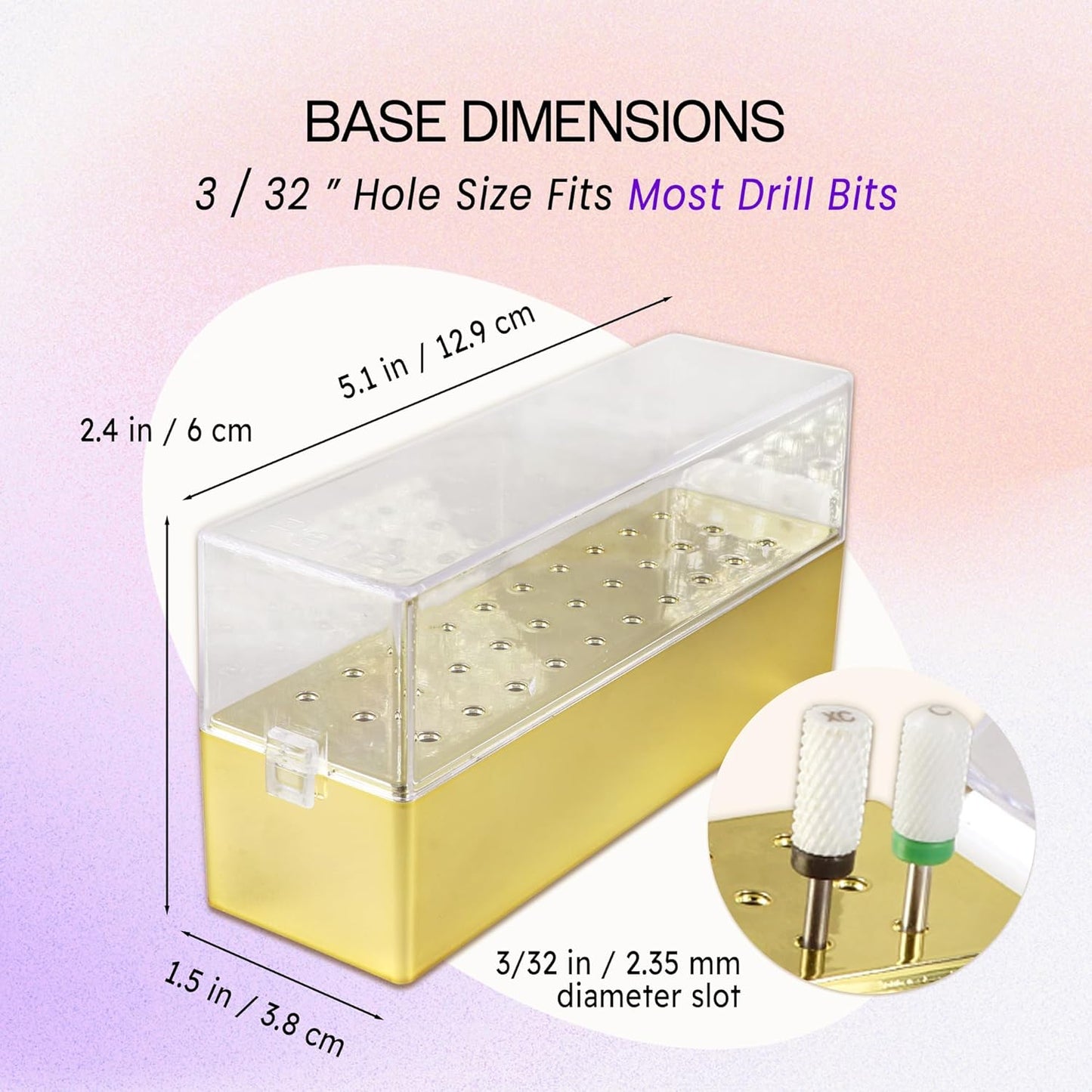 PANA Rectangle Nail Drill Bit Holder Display Organizer Case - Dustproof Carbide Bit Storage Container Box For Manicure Tools Nail Salon - 30 Holes Gold (Drill Bits Not Included)