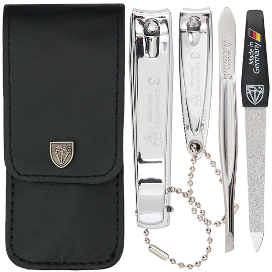 3 Swords Germany - Brand Quality 4 Piece Manicure Pedicure Grooming kit Set for Professional Finger & Toe Nail Care Tweezers File Clipper Fashion Leather case in Gift Box, Made by 3 Swords (77211)