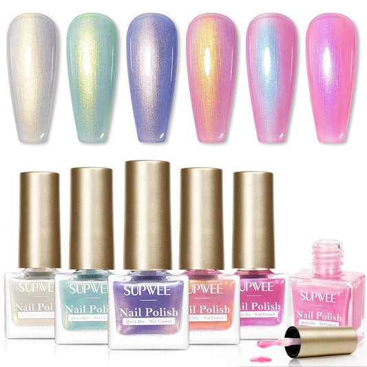 Pearl Nail Polish Set Non Gel, Quick Dry Mermaid Shell Nail Polish Air Fast Drying Manicure DIY Salon Gift(White Pink Blue Green Colors)